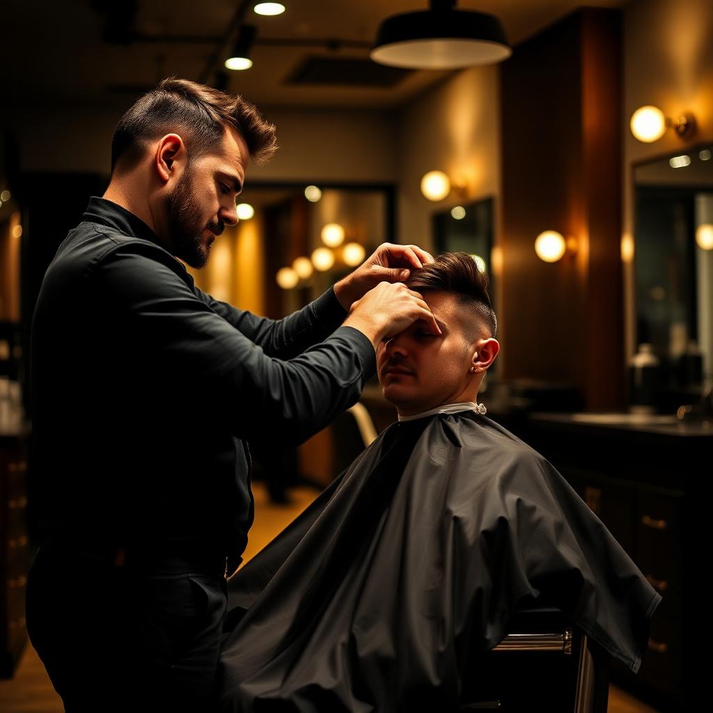 Male barber giving a client a haircut inside a modern, brightly lit barbershop